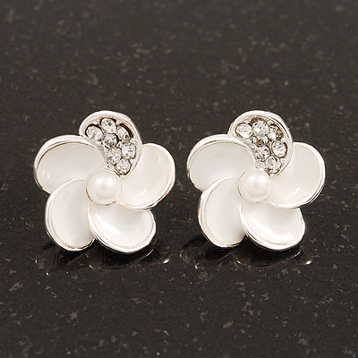 Small White Enamel Diamante 'Flower' Stud Earrings In Silver Finish - 15mm Diameter - main view