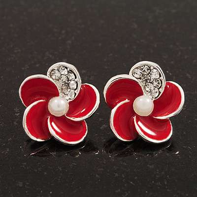 Small Red Enamel Diamante 'Flower' Stud Earrings In Silver Finish - 15mm Diameter - main view
