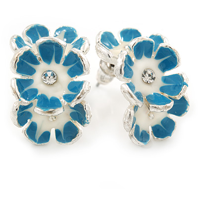 C-Shape White/ Litgh Blue Enamel 'Floral' Stud Earrings In Silver Tone - 25mm L - main view