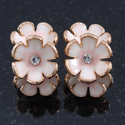 C-Shape White/ Light Pink Enamel 'Floral' Stud Earrings In Gold Plating - 25mm Length - main view