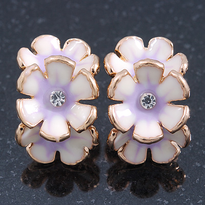 C-Shape White/ Lavender Enamel 'Floral' Stud Earrings In Gold Plating - 25mm Length - main view
