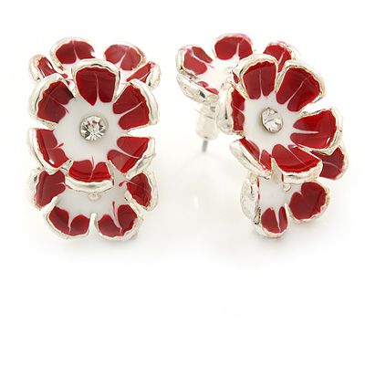 C-Shape White/ Red Enamel 'Floral' Stud Earrings In Silver Tone - 25mm L
