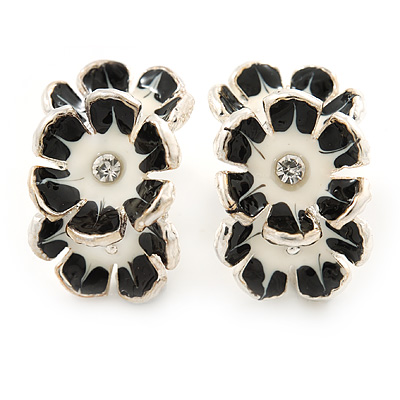 C-Shape White/ Black Enamel 'Floral' Stud Earrings In Silver Tone - 25mm L - main view