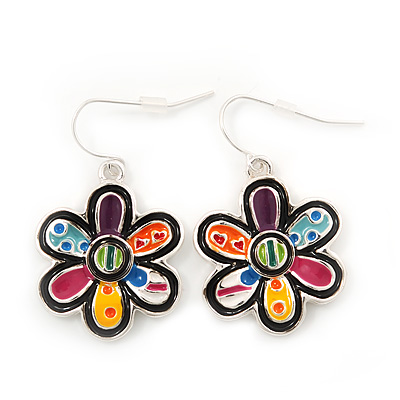 Multicoloured Enamel 'Flower' Drop Earrings In Silver Plating - 3.5cm Length - main view