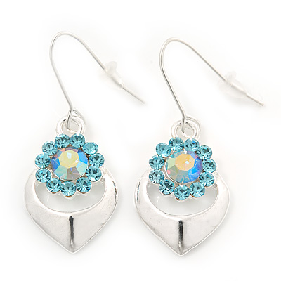 Rhodium Plated Light Blue Diamante Floral Drop Earrings - 3.5cm Length - main view