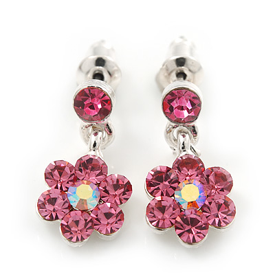 Delicate Pink Crystal Flower Drop Earrings In Silver Plating - 1.5cm Length - main view