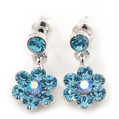 Delicate Light Blue Crystal Flower Drop Earrings In Silver Plating - 20mm Long