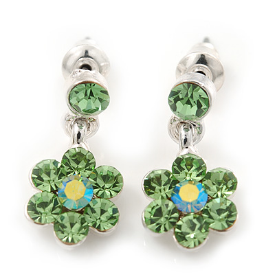 Delicate Grass Green Crystal Flower Drop Earrings In Silver Plating - 1.5cm Length - main view
