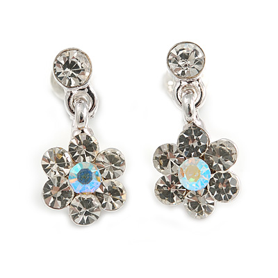 Delicate Ice Clear Crystal Flower Drop Earrings In Silver Plating - 1.5cm Length - main view