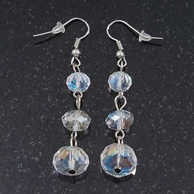 Transparent White Faceted Glass Bead Drop Earring In Silver Plating - 5.5cm Length