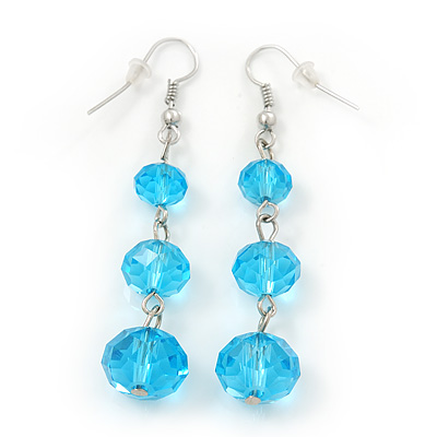 Light Blue Faceted Glass Bead Drop Earring In Silver Plating - 5.5cm Length - main view