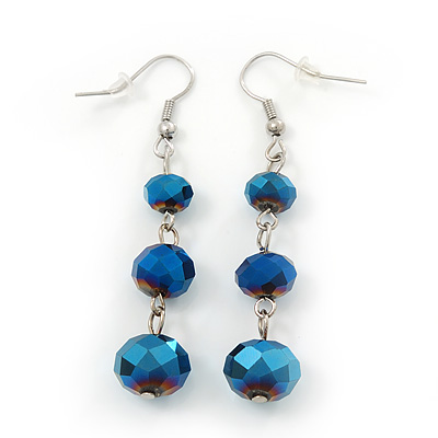 Chameleon Blue Faceted Glass Bead Drop Earring In Silver Plating - 5.5cm Length - main view