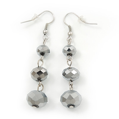 Metallic Grey Faceted Glass Bead Drop Earring In Silver Plating - 5.5cm Length - main view