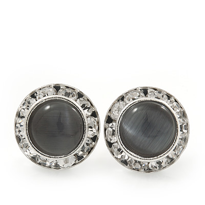 Ash Grey Cats Eye Diamante Button Stud Earrings In Silver Plating - 13mm Diameter - main view