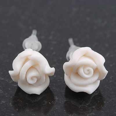 Children's Pretty White Acrylic 'Rose' Stud Earrings With Acrylic Backings - 9mm Diameter - main view