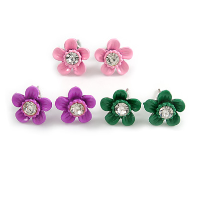 Set of 3 Children's Enamel Daisy Stud Earrings in Light Pink/ Purple/ Green - 12mm D