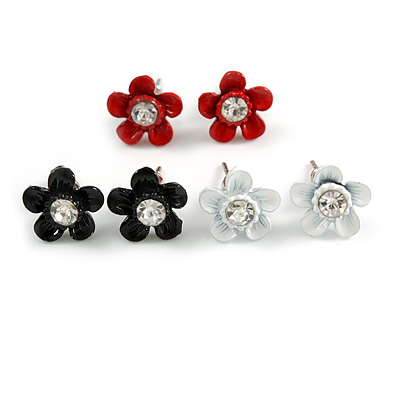 Set of 3 Children's Enamel Daisy Stud Earrings in Black/ Red/ White - 12mm D - main view