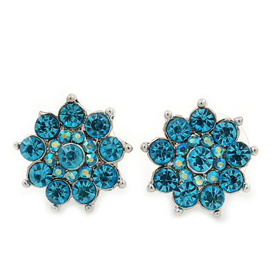 Light Blue Diamante Floral Stud Earrings In Silver Plating - 18mm Diameter - main view