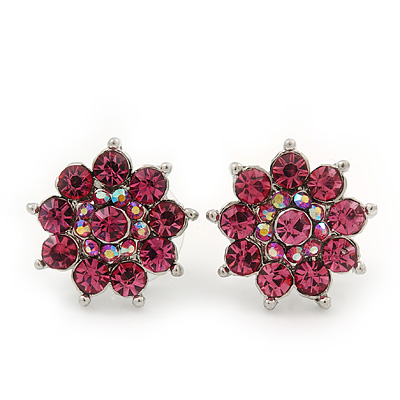 Pink Diamante Floral Stud Earrings In Silver Plating - 18mm Diameter - main view