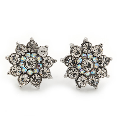 Clear Diamante Floral Stud Earrings In Silver Plating - 18mm Diameter - main view