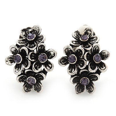 Burn Silver Violet Crystal 'Floral' Clip-On Earrings - 2.5cm Length - main view