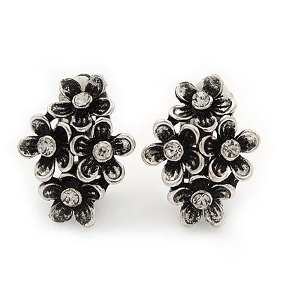 Burn Silver Clear Crystal 'Floral' Clip-On Earrings - 2.5cm Length