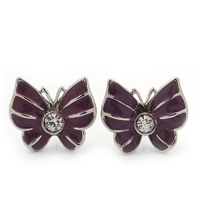 Small Purple Enamel Diamante Butterfly Stud Earrings In Silver Finish - 18mm Length - main view