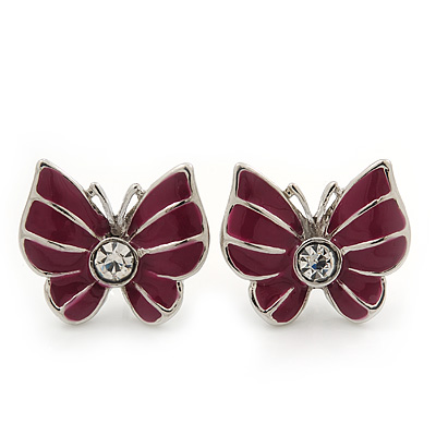 Small Raspberry Enamel Diamante Butterfly Stud Earrings In Silver Finish - 18mm Length - main view
