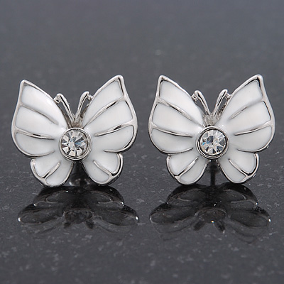 Small White Enamel Diamante Butterfly Stud Earrings In Silver Finish - 18mm Length - main view