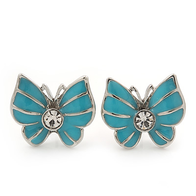 Small Light Blue Enamel Diamante Butterfly Stud Earrings In Silver Finish - 18mm Length - main view