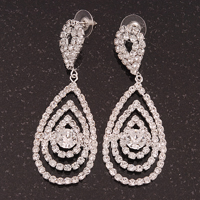 Silver Plated Clear Swarovski Crystal Teardrop Earrings - 7cm Length - main view