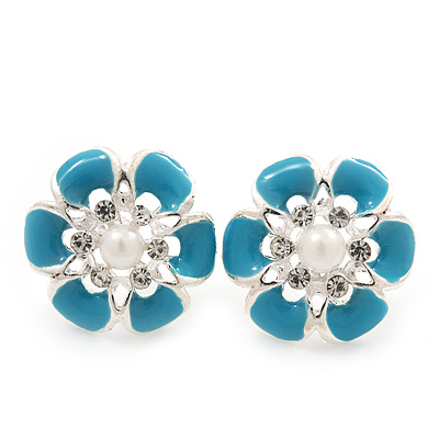 Light Blue Enamel Diamante Flower Stud Earrings In Silver Finish - 22mm Diameter