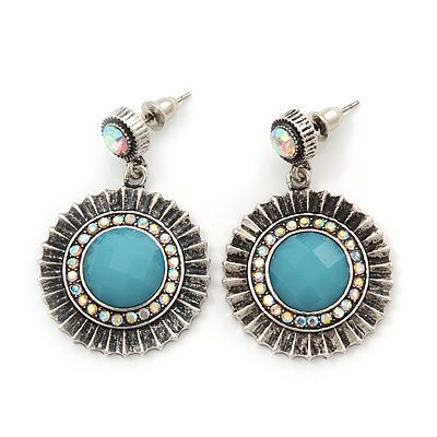Burn Silver Round Diamante Turquoise Coloured Acrylic Drop Earrings - 5cm Length - main view