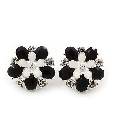 Black/White Diamante Flower Stud Earrings In Silver Plating - 2cm Diameter - main view