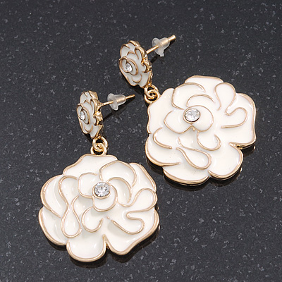 White Enamel 'Rose' Drop Earrings In Gold Plating - 4cm Length - main view