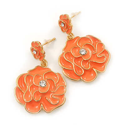 Coral Enamel 'Rose' Drop Earrings In Gold Plating - 4cm Length - main view
