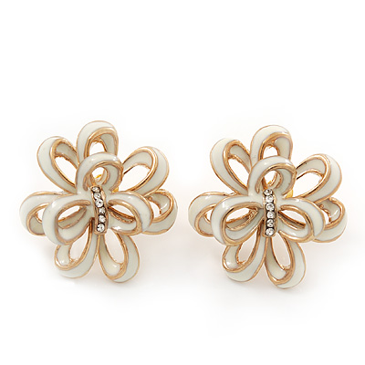 White Enamel Dimensional Floral Stud Earrings In Gold Plated Metal - 2.5cm in diameter - main view