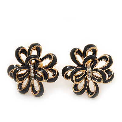 Black Enamel Dimensional Floral Stud Earrings In Gold Plated Metal - 2.5cm in diameter - main view