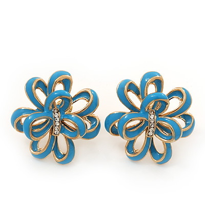 Light Blue Enamel Dimensional Floral Stud Earrings In Gold Plated Metal - 2.5cm in diameter - main view
