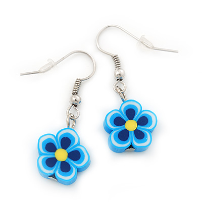 Children's Small Blue Acrylic 'Flower' Drop Earring In Silver Plating - 3cm Length