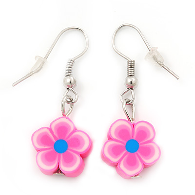 Children's Small Pink Acrylic 'Flower' Drop Earring In Silver Plating - 3cm Length - main view