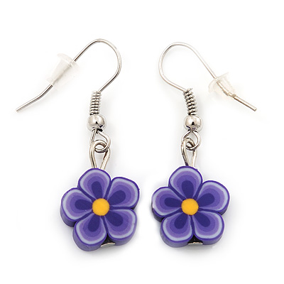 Children's Small Purple Acrylic 'Flower' Drop Earring In Silver Plating - 3cm Length - main view