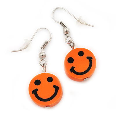 Children's Small Bright Orange 'Happy Face' Acrylic Drop Earrings In Silver Plating - 3cm Length - main view