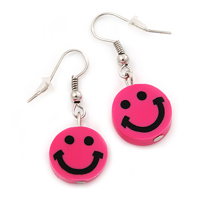 Children's Small Bright Pink 'Happy Face' Acrylic Drop Earrings In Silver Plating - 3cm Length - main view