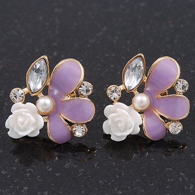 Lavender Enamel Diamante 'Rose' Stud Earring In Gold Plating - 2cm Diameter - main view