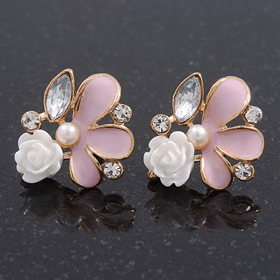 Pink Enamel Diamante 'Rose' Stud Earring In Gold Plating - 2cm Diameter - main view
