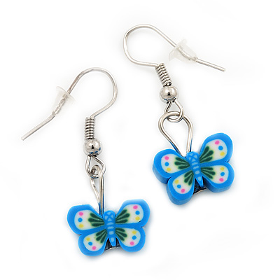 Children's Small Blue Acrylic 'Butterfly' Drop Earring In Silver Plating - 3cm Length - main view