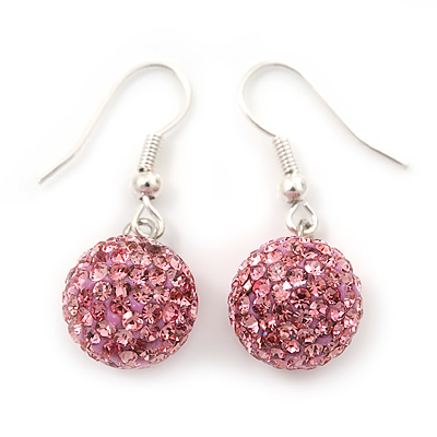 Pink Swarovski Crystal Ball Drop Earrings In Silver Plated Finish - 12mm Diameter/ 3cm - main view