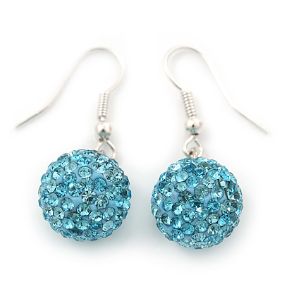 Light Blue Swarovski Crystal Ball Drop Earrings In Silver Plated Finish - 12mm Diameter/ 3cm - main view