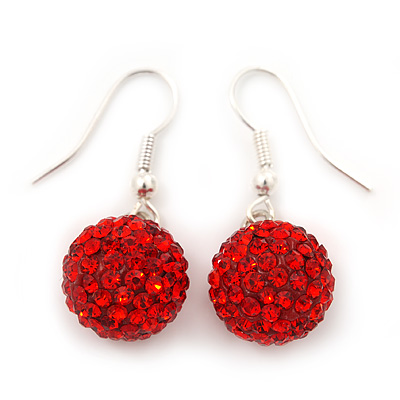 Red Swarovski Crystal Ball Drop Earrings In Silver Plated Finish - 12mm Diameter/ 3cm - main view